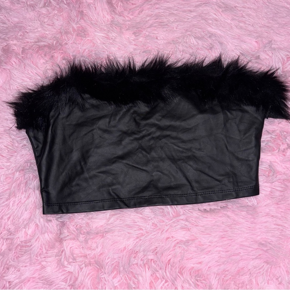 Black Faux Fur Trim Tube Top - Large